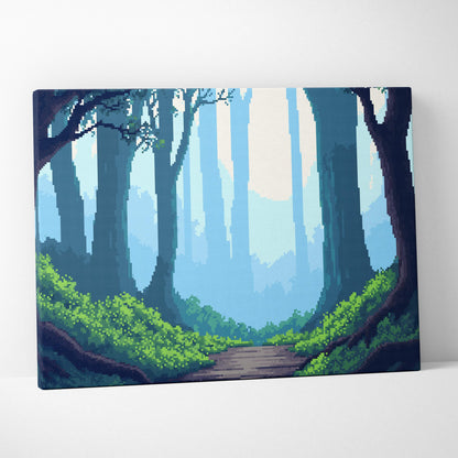 Enchanted forest pixel art canvas print with tall blue trees and green underbrush along a misty winding path