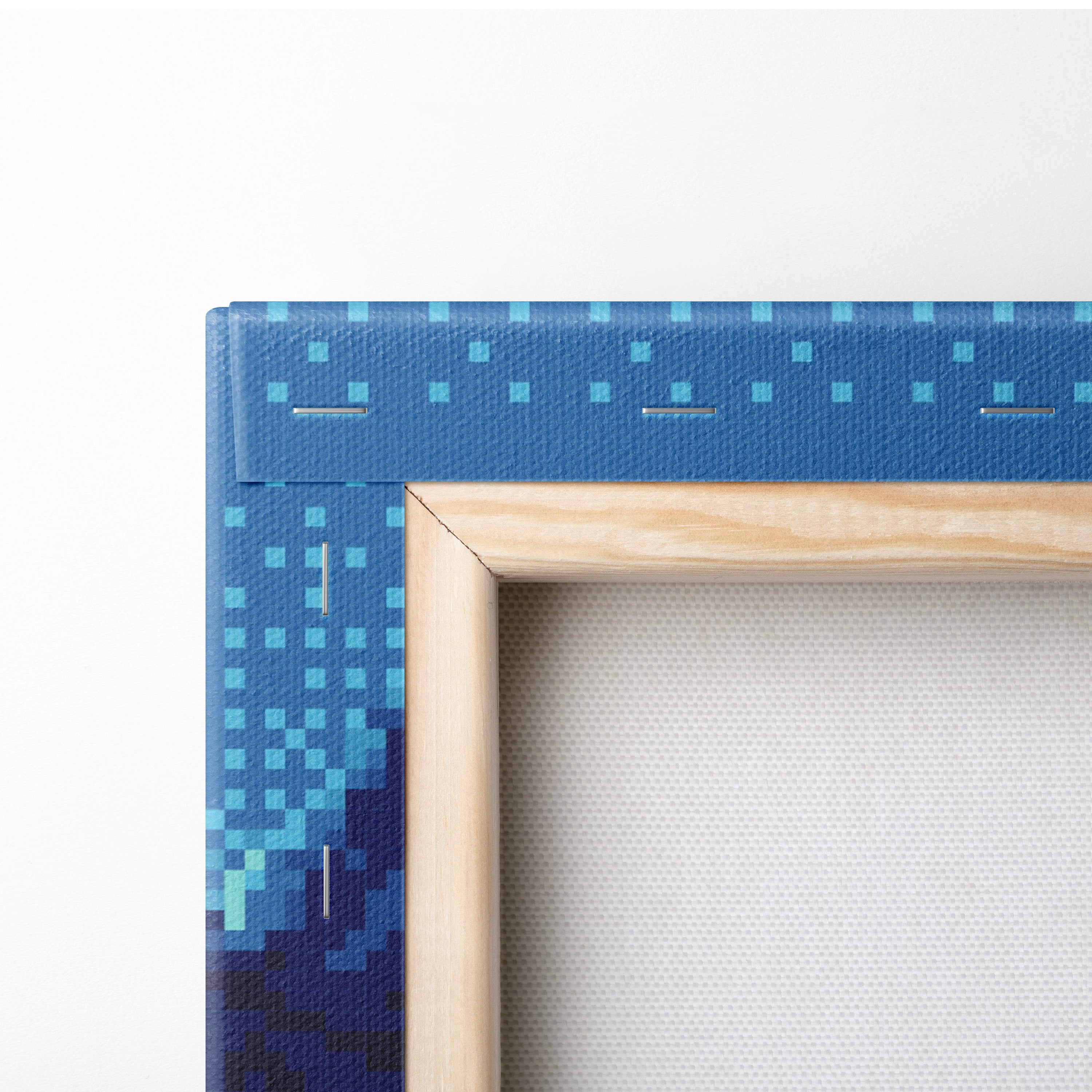 Blue moon lake pixel art canvas print with blue pixelated design and light wood frame for serene fantasy decor