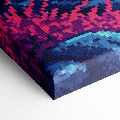 A vibrant pixel art canvas print with deep red purple and blue gradient on textured fabric for fantasy decor