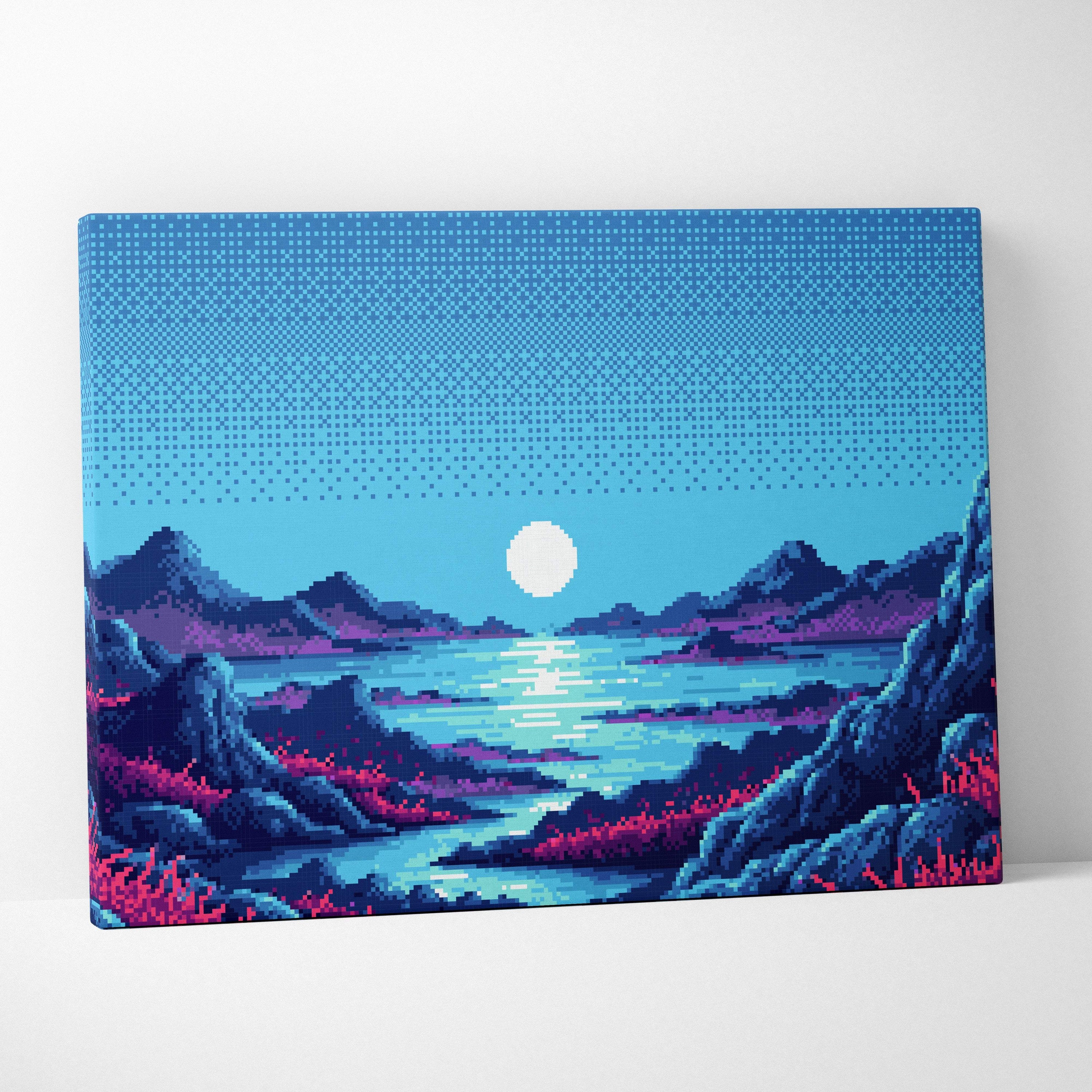 Blue moon lake pixel art canvas print of serene pink rocky mountain landscape with glowing moon and blue sky