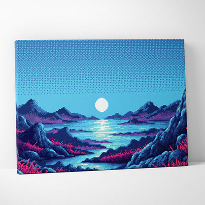 Blue moon lake pixel art canvas print of serene pink rocky mountain landscape with glowing moon and blue sky