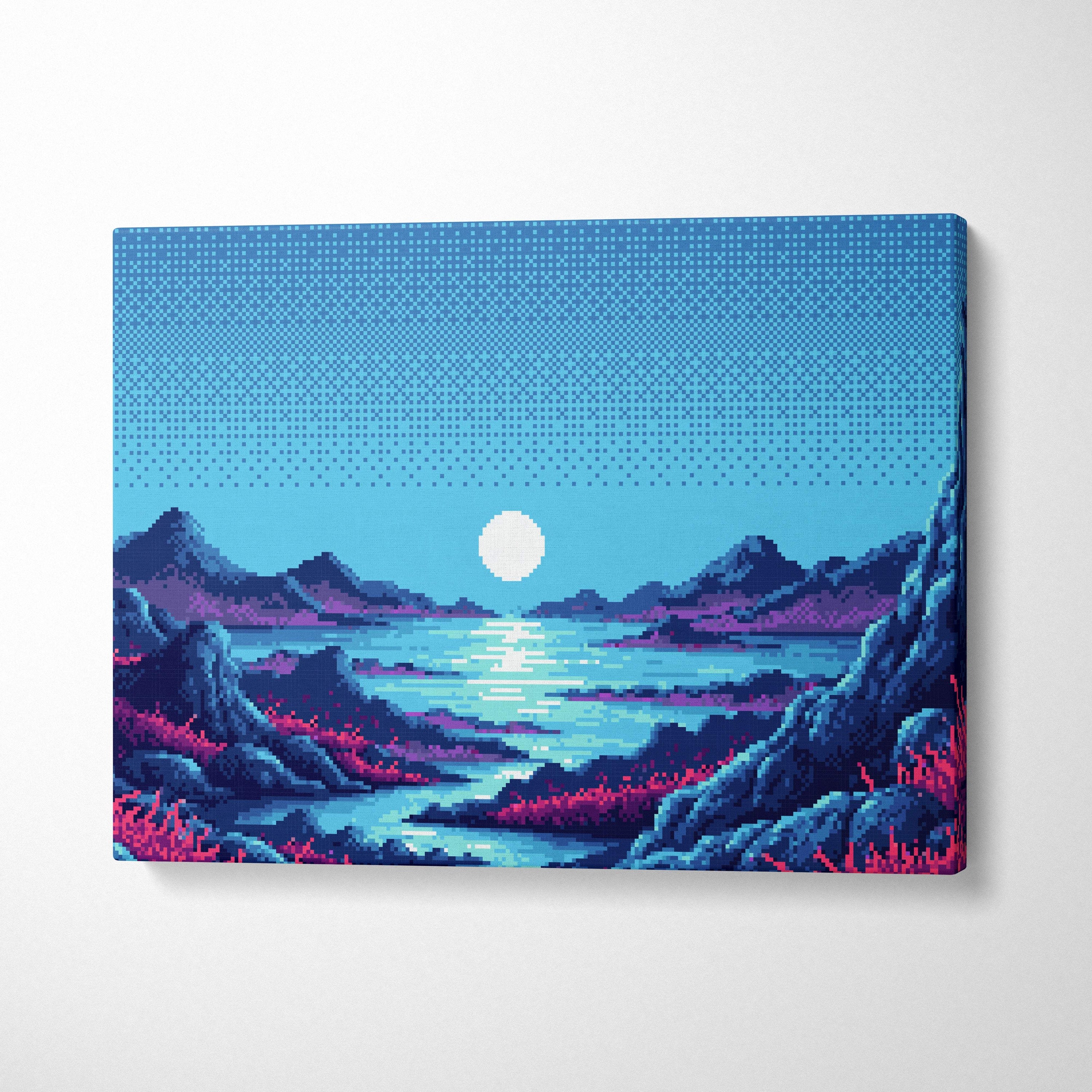 Blue moon lake pixel art canvas print featuring a serene pink rocky mountain landscape with glowing sun in blue and purple tones