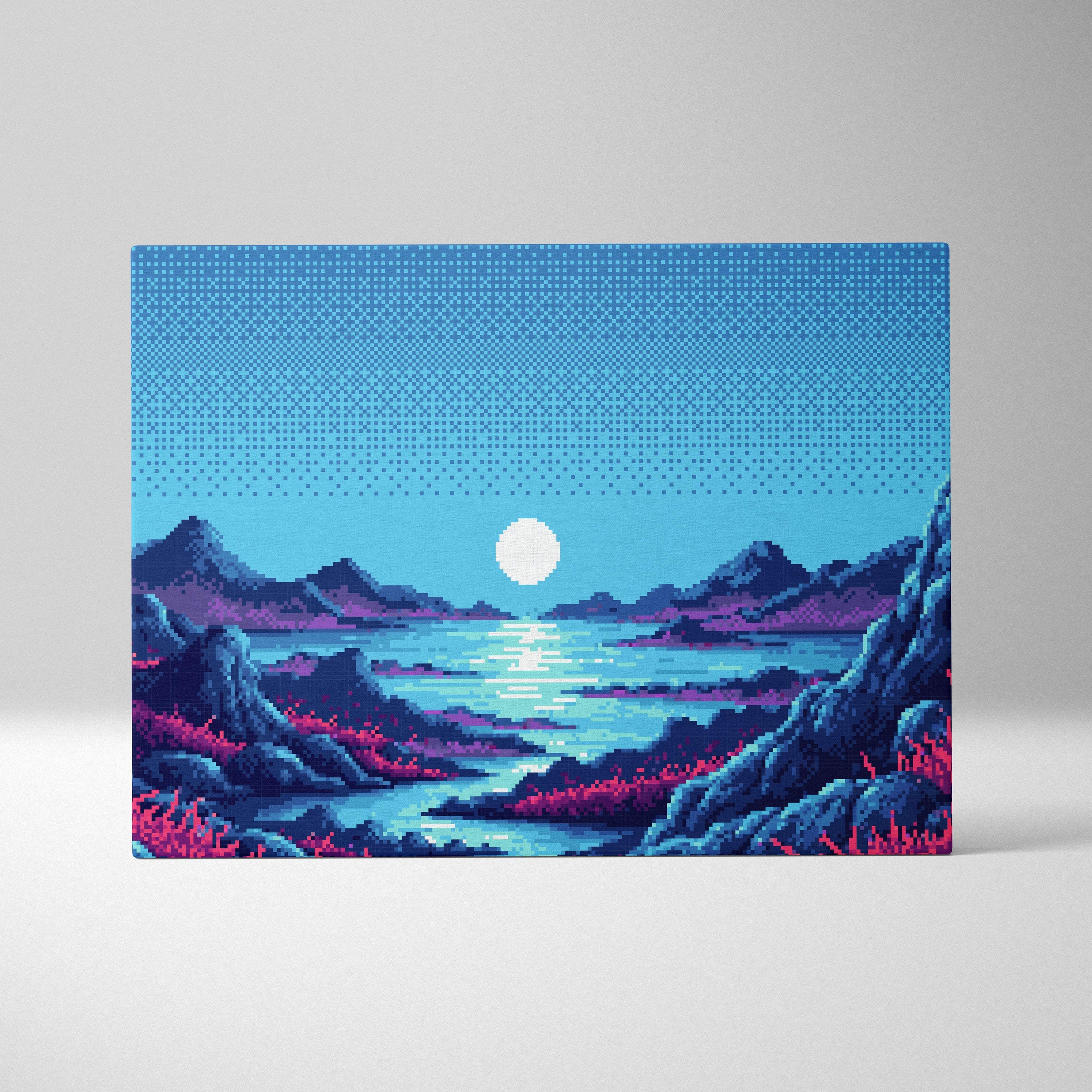 Rectangular canvas print of pixel art landscape with blue purple mountains pink vegetation and glowing white sun over water