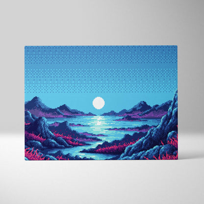 Rectangular canvas print of pixel art landscape with blue purple mountains pink vegetation and glowing white sun over water