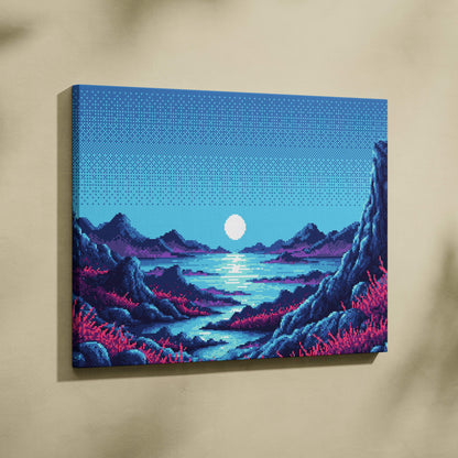 Blue moon lake pixel art canvas print featuring a vibrant serene mountain lake in bold blues and magentas with retro style