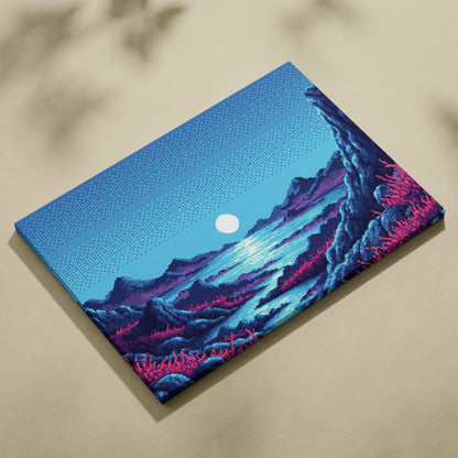 Blue moon lake pixel art canvas print featuring vibrant surreal landscape in deep blues purples and magenta hues