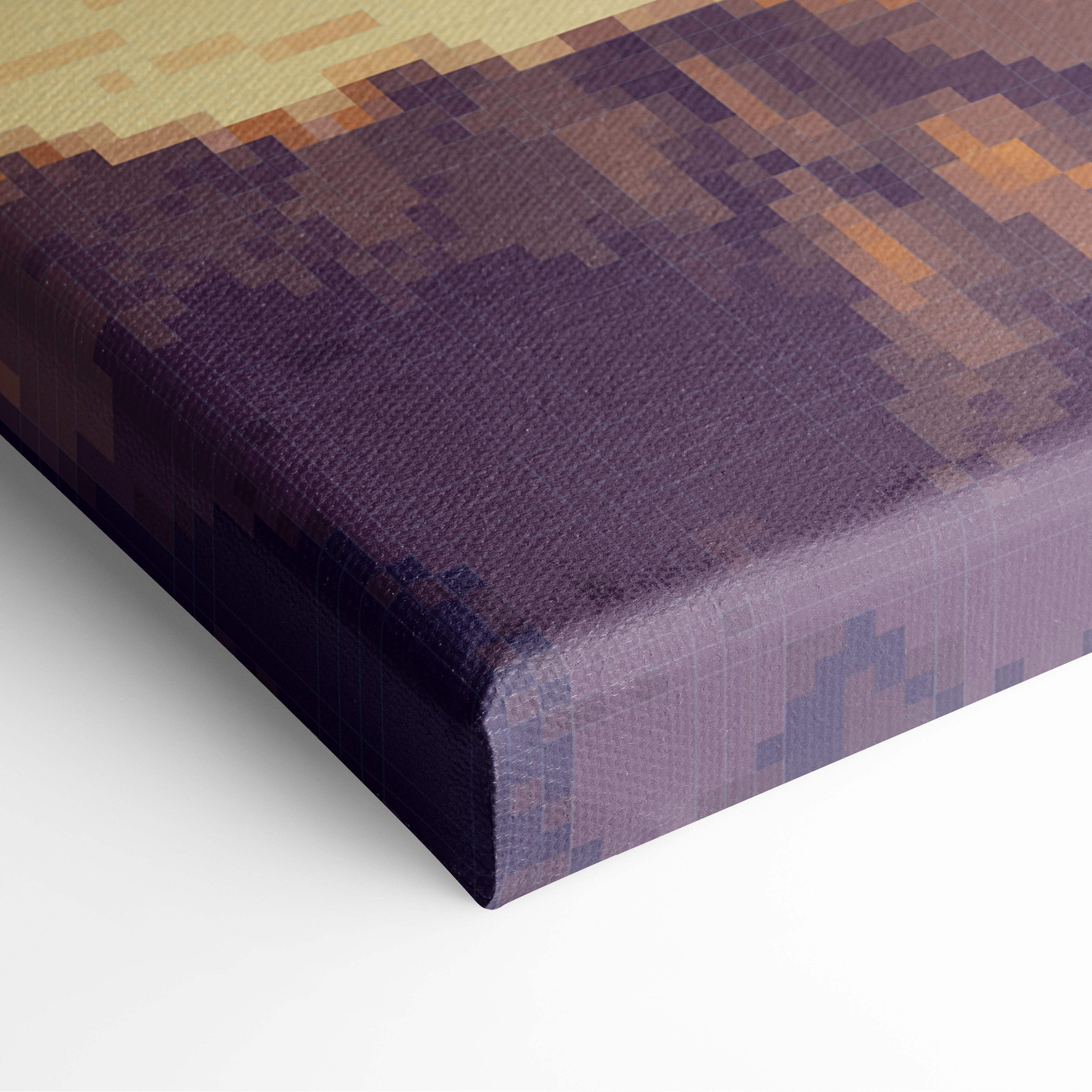 Desert canyon pixel art canvas print with deep purple and warm orange gradient in retro game style wall art