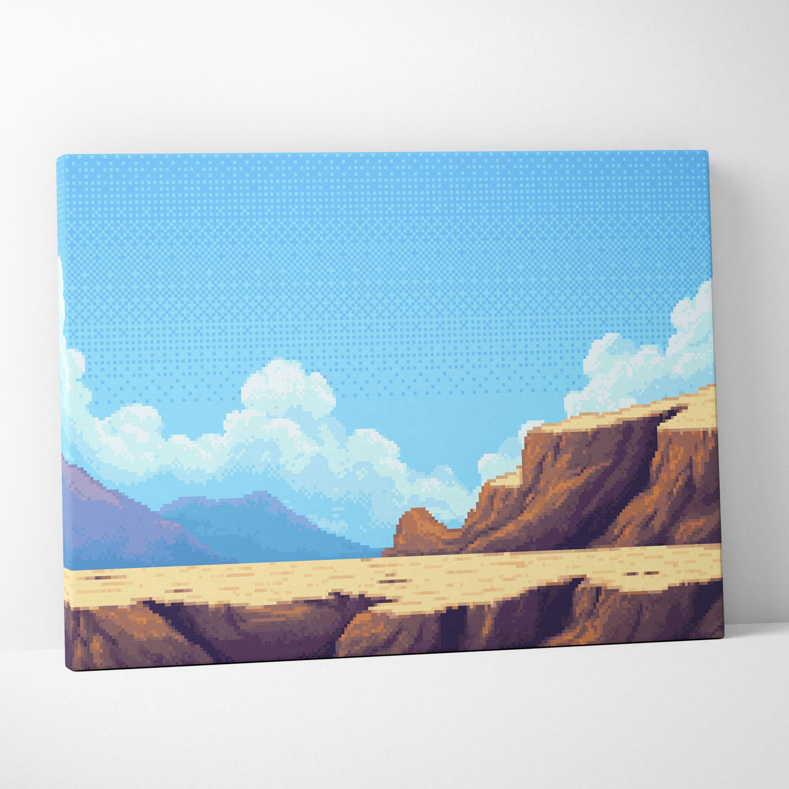 Desert canyon pixel art canvas print featuring blue sky white clouds warm southwest landscape decor