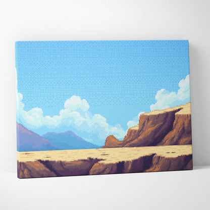 Desert canyon pixel art canvas print featuring blue sky white clouds warm southwest landscape decor