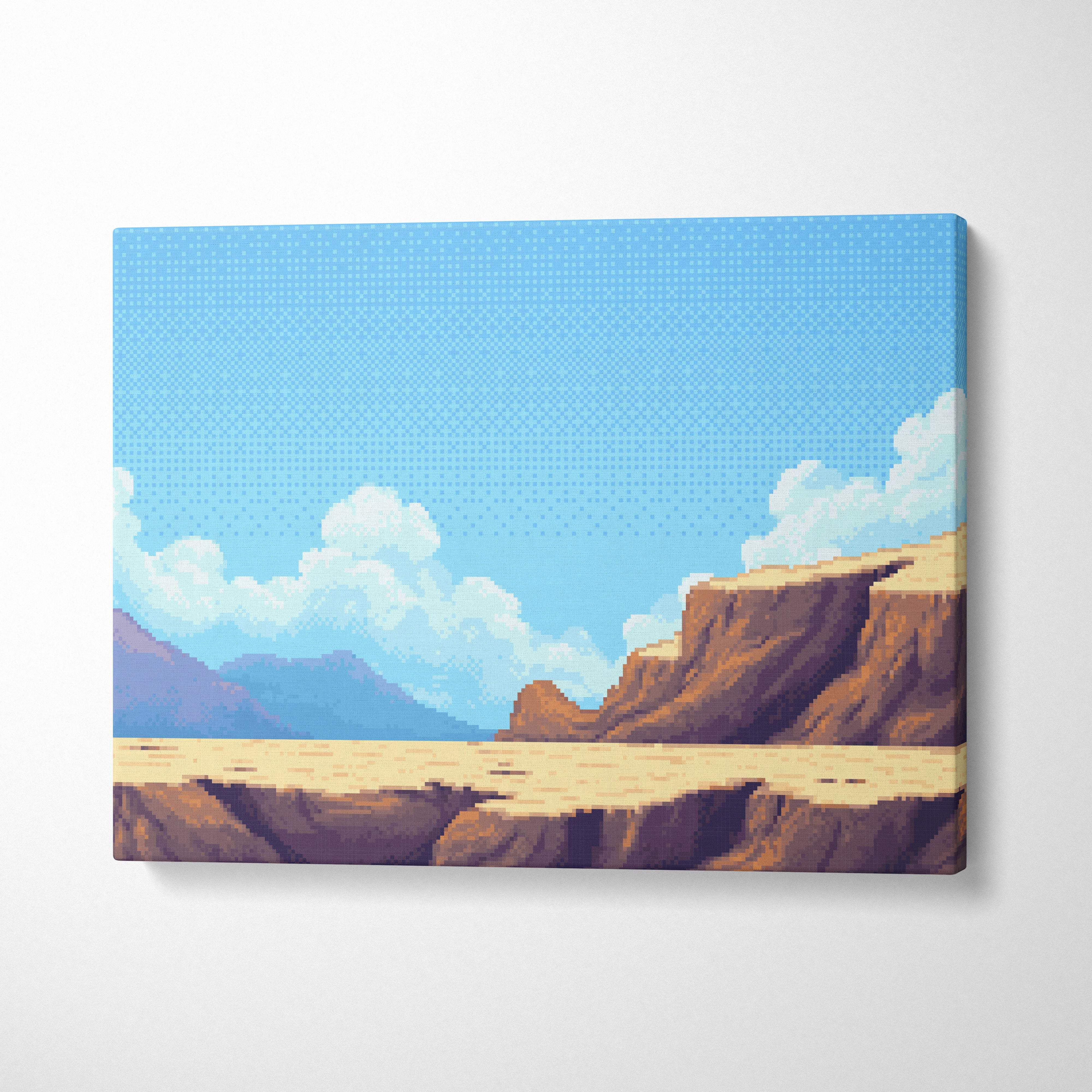 Rectangular canvas print featuring pixel art of blue sky, white clouds, and brown cliffs over beige desert floor