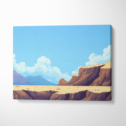 Rectangular canvas print featuring pixel art of blue sky, white clouds, and brown cliffs over beige desert floor