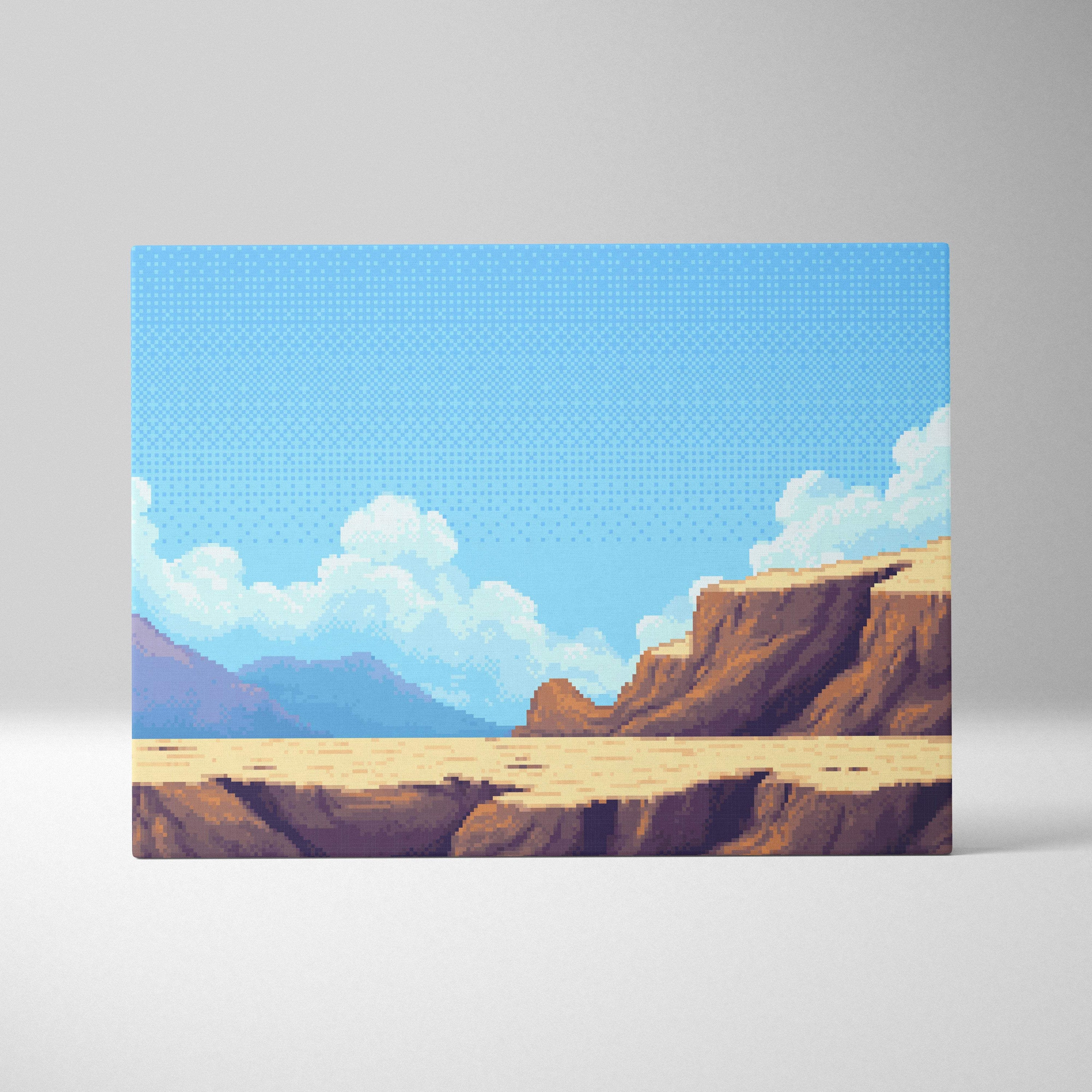 Desert canyon pixel art canvas print featuring blue sky white clouds in warm southwest retro game style wall art