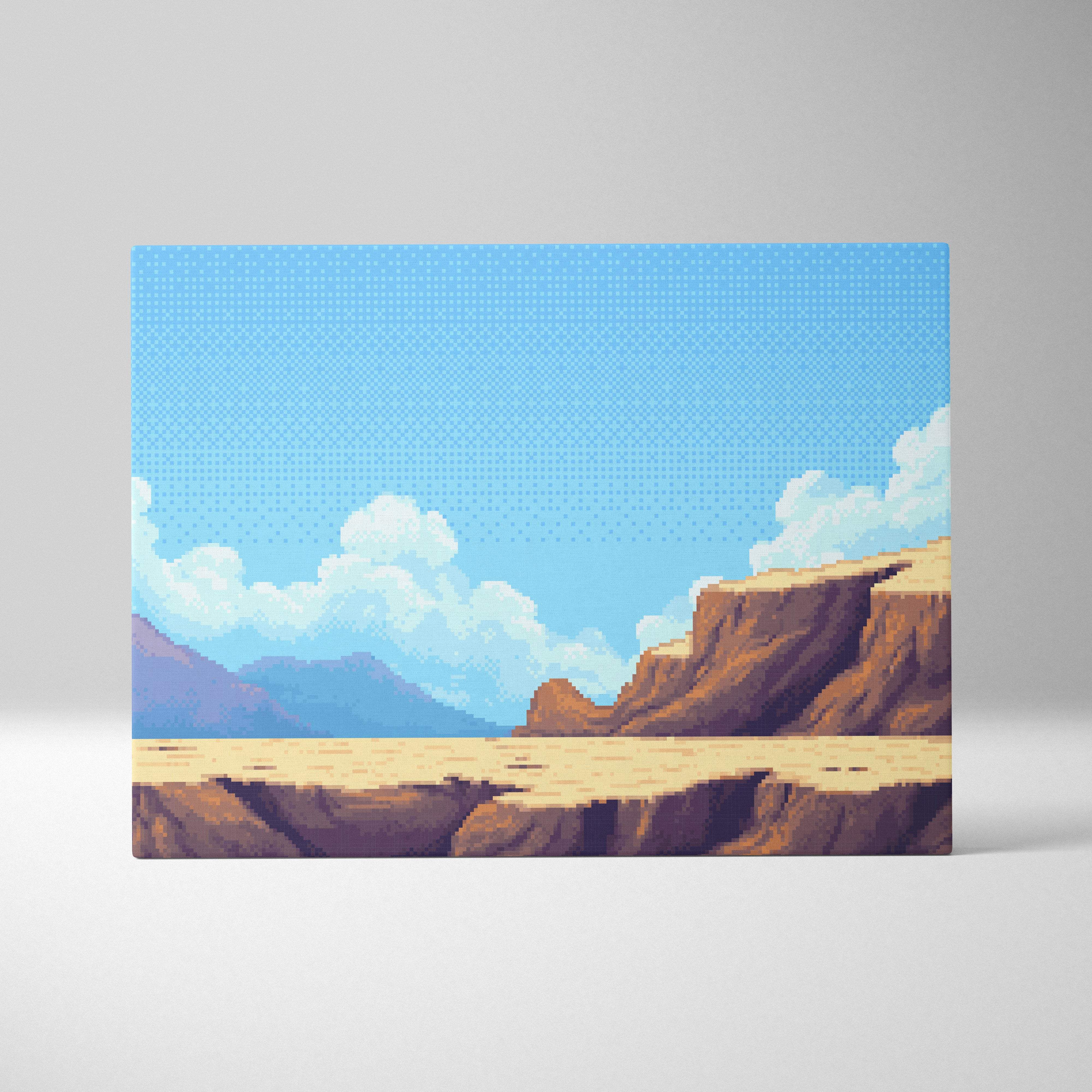 Desert canyon pixel art canvas print featuring blue sky white clouds in warm southwest retro game style wall art