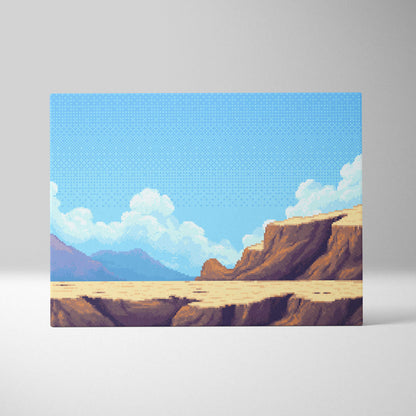 Desert canyon pixel art canvas print featuring blue sky white clouds in warm southwest retro game style wall art