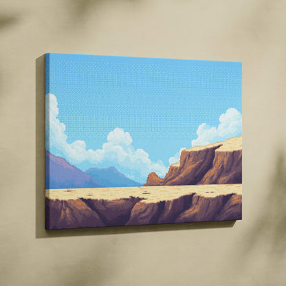 Desert canyon pixel art canvas print with blue sky and brown rock formations for warm southwest decor