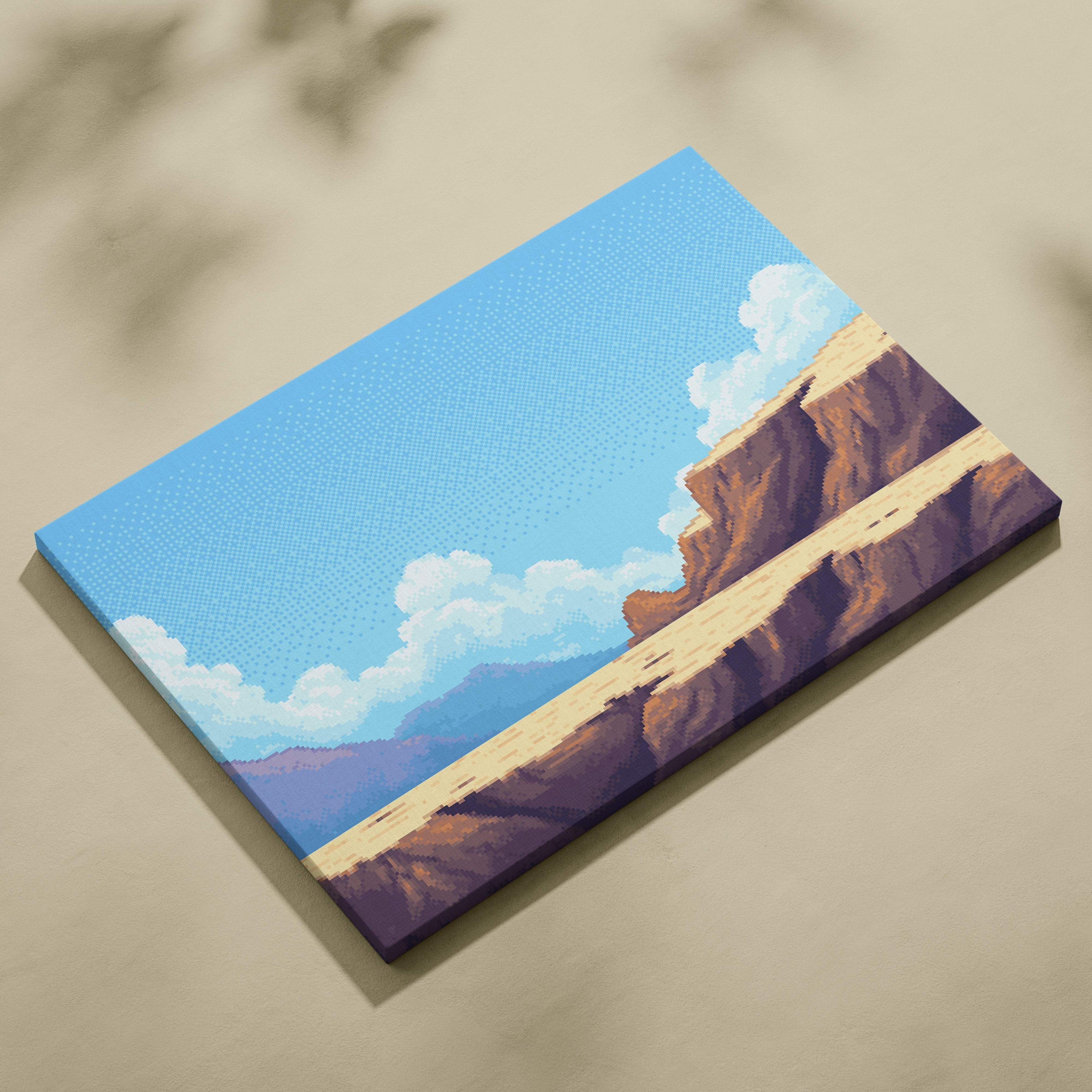 Rectangular canvas print of stylized desert canyon with blue sky white clouds and warm earthy brown rock formations