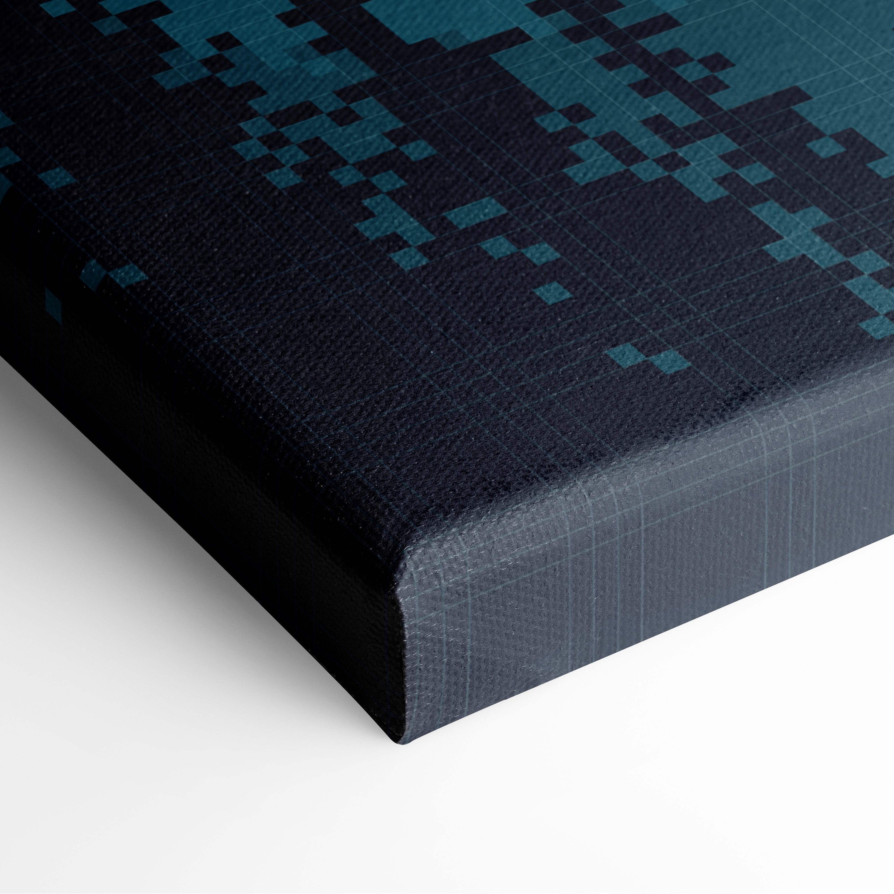 A framed pixelated canvas print in teal and black featuring mountain valley pixel art for alpine wall decor