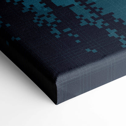 A framed pixelated canvas print in teal and black featuring mountain valley pixel art for alpine wall decor