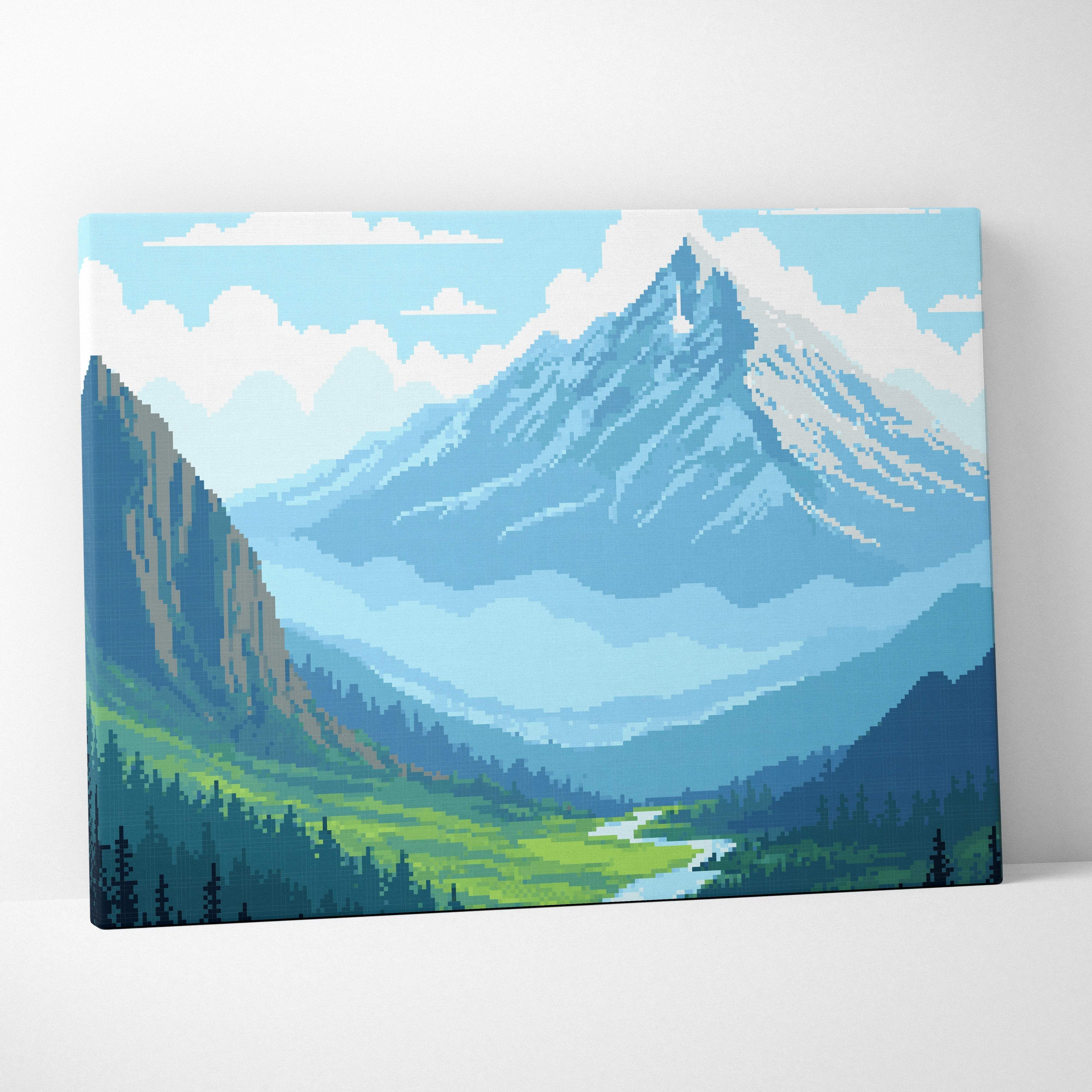Mountain valley pixel art canvas print featuring stylized blue green alpine landscape with river and valleys under light sky