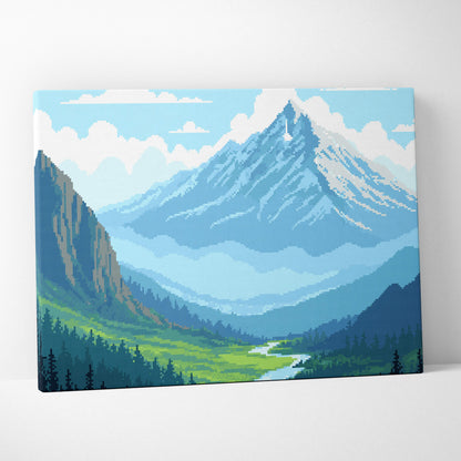 Mountain valley pixel art canvas print featuring stylized blue green alpine landscape with river and valleys under light sky