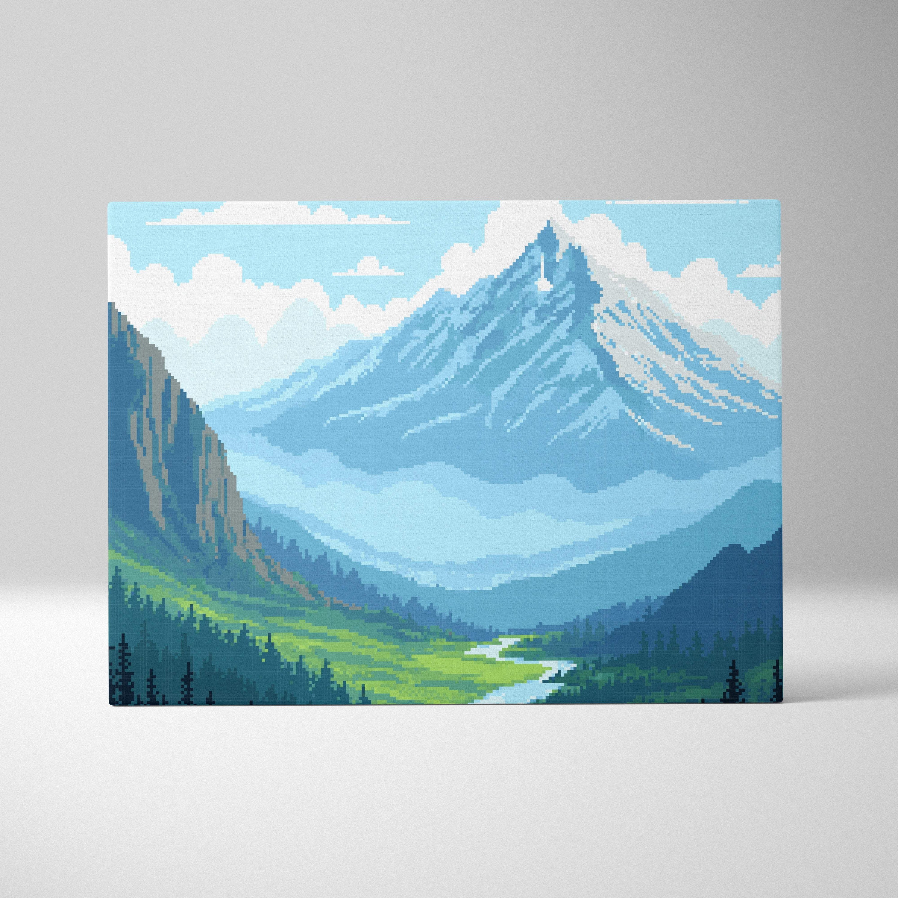 Mountain valley pixel art canvas print featuring a blue green alpine scene with snow-capped peaks and a winding river