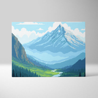 Mountain valley pixel art canvas print featuring a blue green alpine scene with snow-capped peaks and a winding river