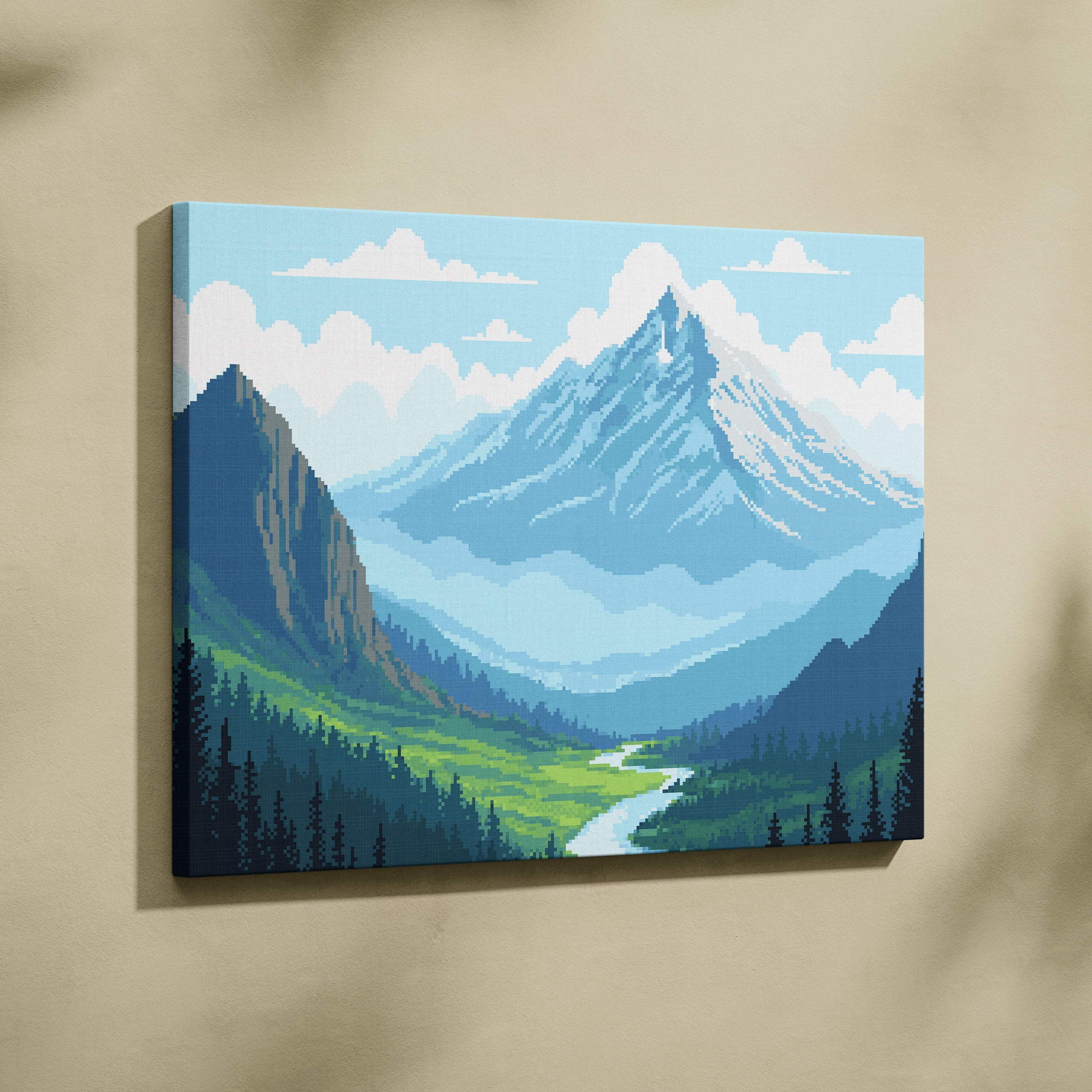 Mountain valley pixel art canvas print of a vibrant blue green alpine landscape with snow-capped peaks and river
