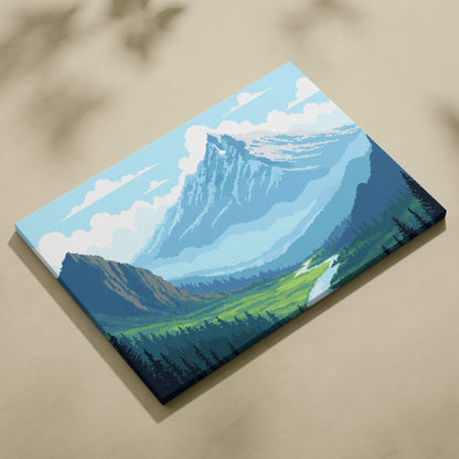 Mountain valley pixel art canvas print with layered blues greens and whites on stretched fabric for alpine wall art