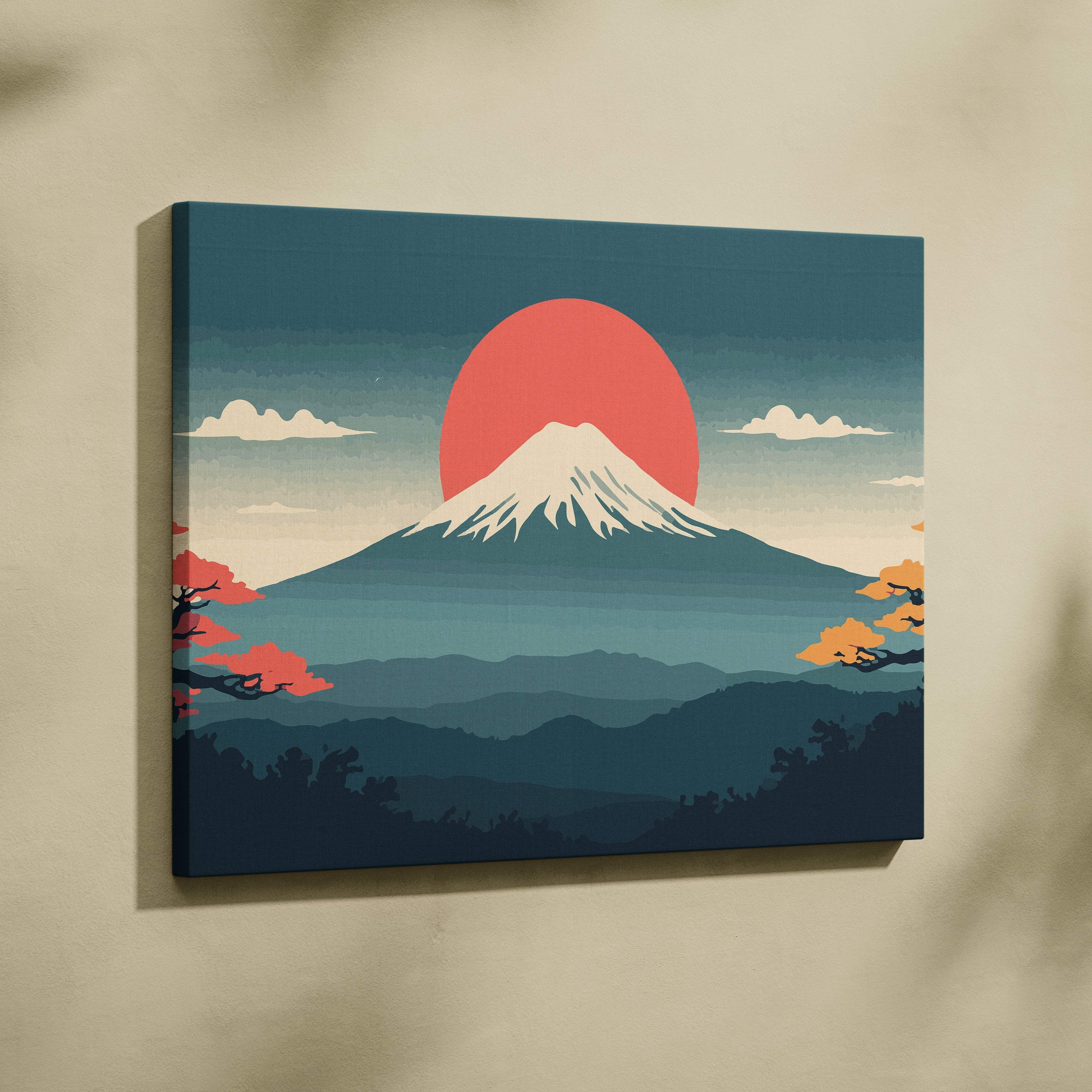 A rectangular canvas print of mount fuji with a vibrant red sun and teal coral mountain ranges for living room decor