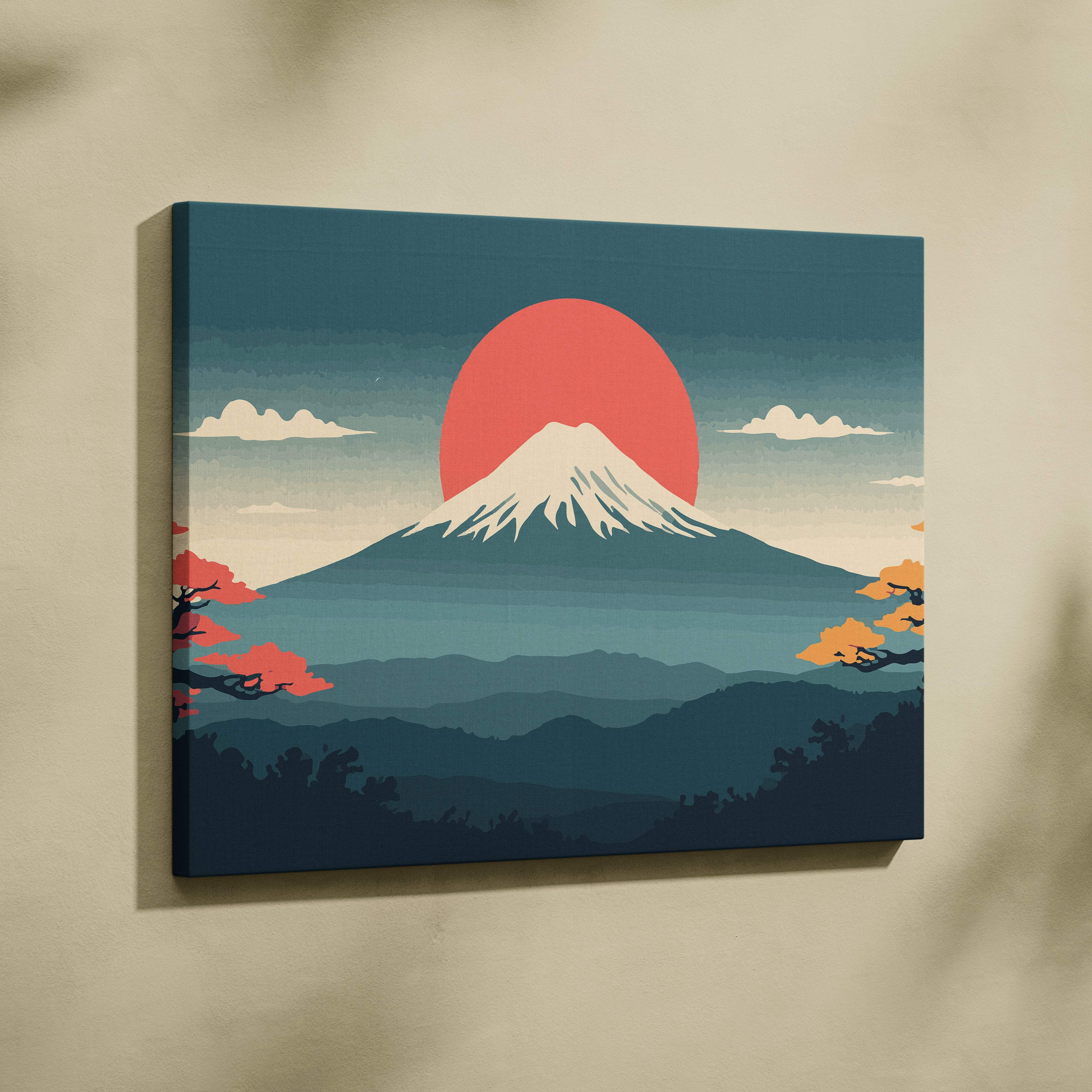A rectangular canvas print of mount fuji with a vibrant red sun and teal coral mountain ranges for living room decor