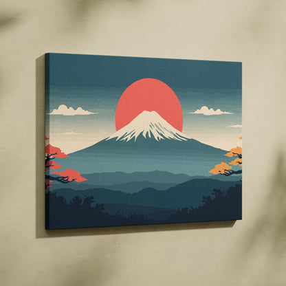 A rectangular canvas print of mount fuji with a vibrant red sun and teal coral mountain ranges for living room decor