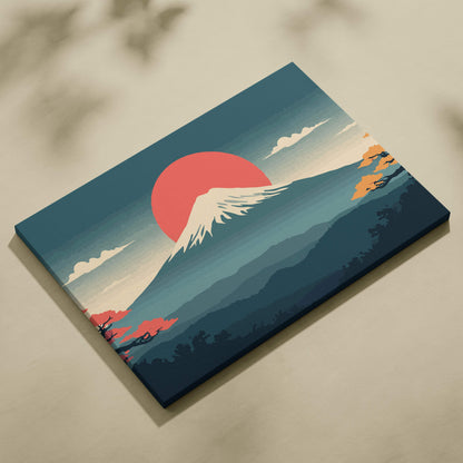 Rectangular mount fuji sunset canvas wall art with vibrant red sun teal coral mountains and pink cherry blossoms decor