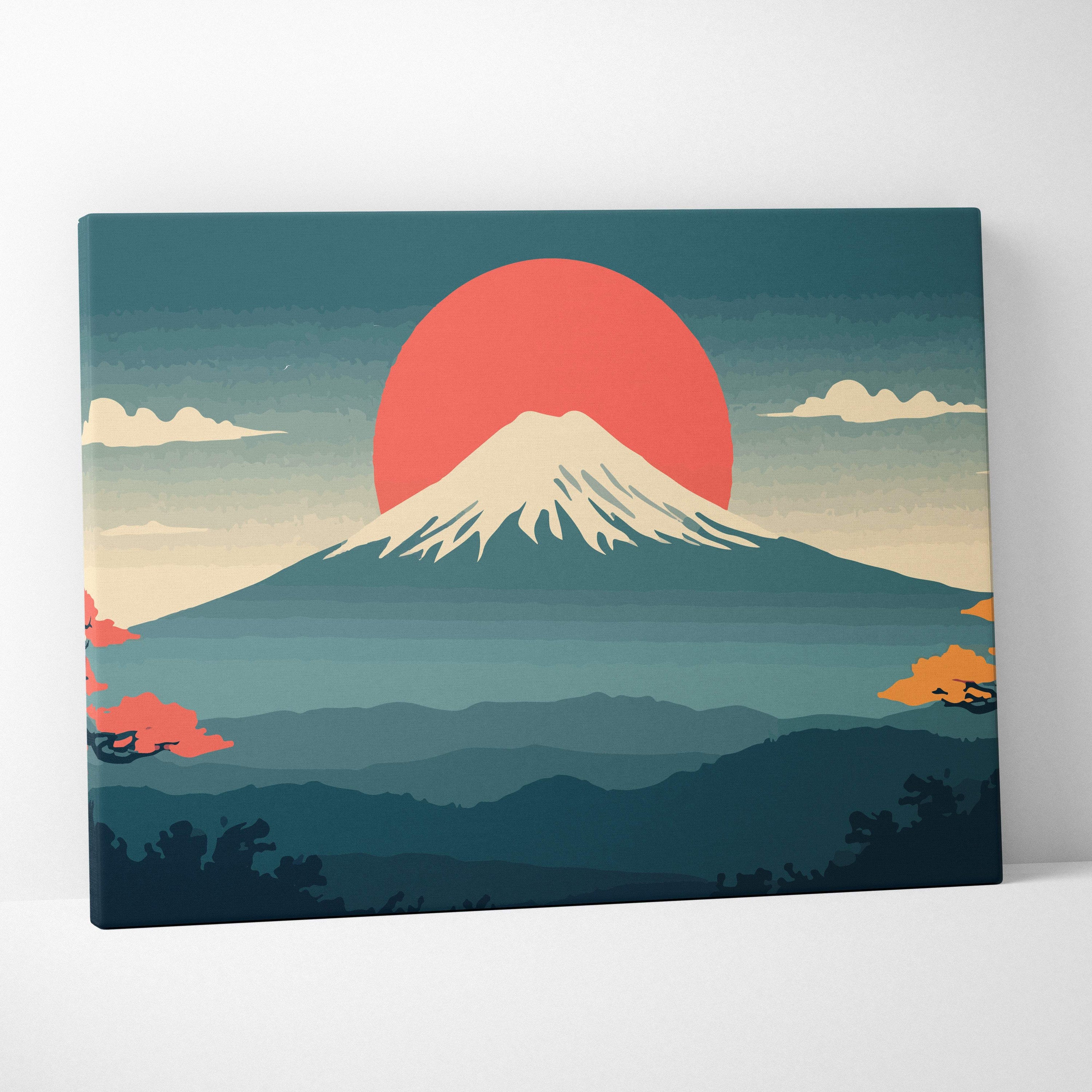 Rectangular canvas print of mount fuji sunset with vibrant red sun and teal coral layered mountain design for wall decor