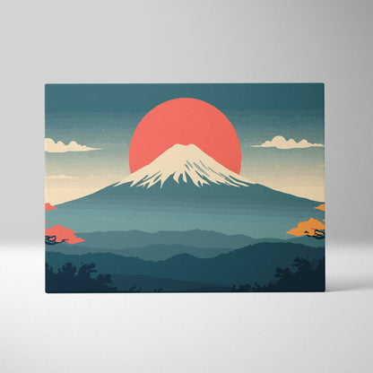 Rectangular canvas print of mount fuji sunset with vibrant orange sun and teal coral layered mountain landscape decor