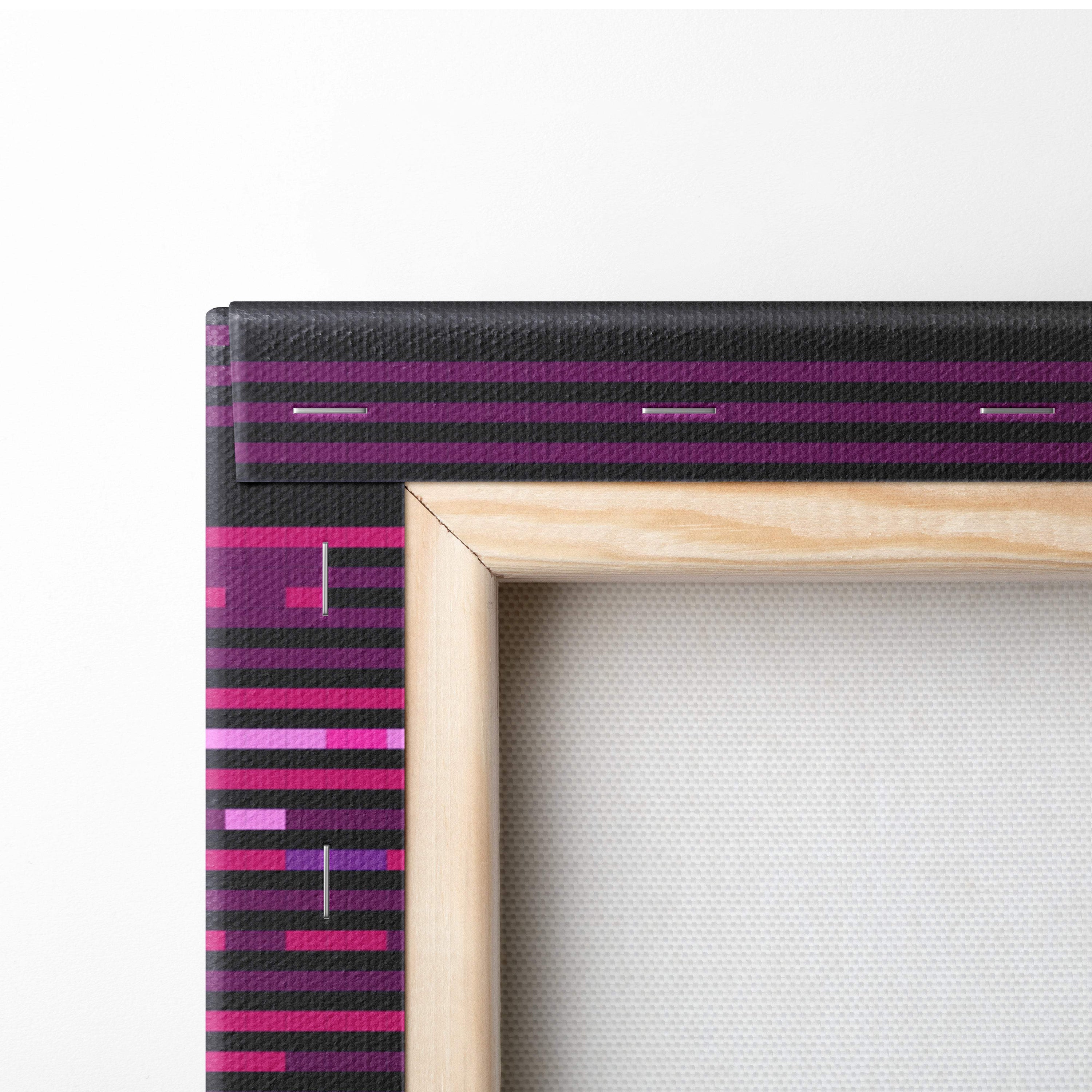 A wooden frame with a vibrant purple and pink striped canvas border for glitch girl pixel art neon cyberpunk wall art
