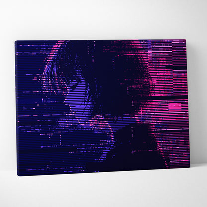 A glitch girl pixel art canvas print with vibrant purple and pink scan lines on a dark cyberpunk background