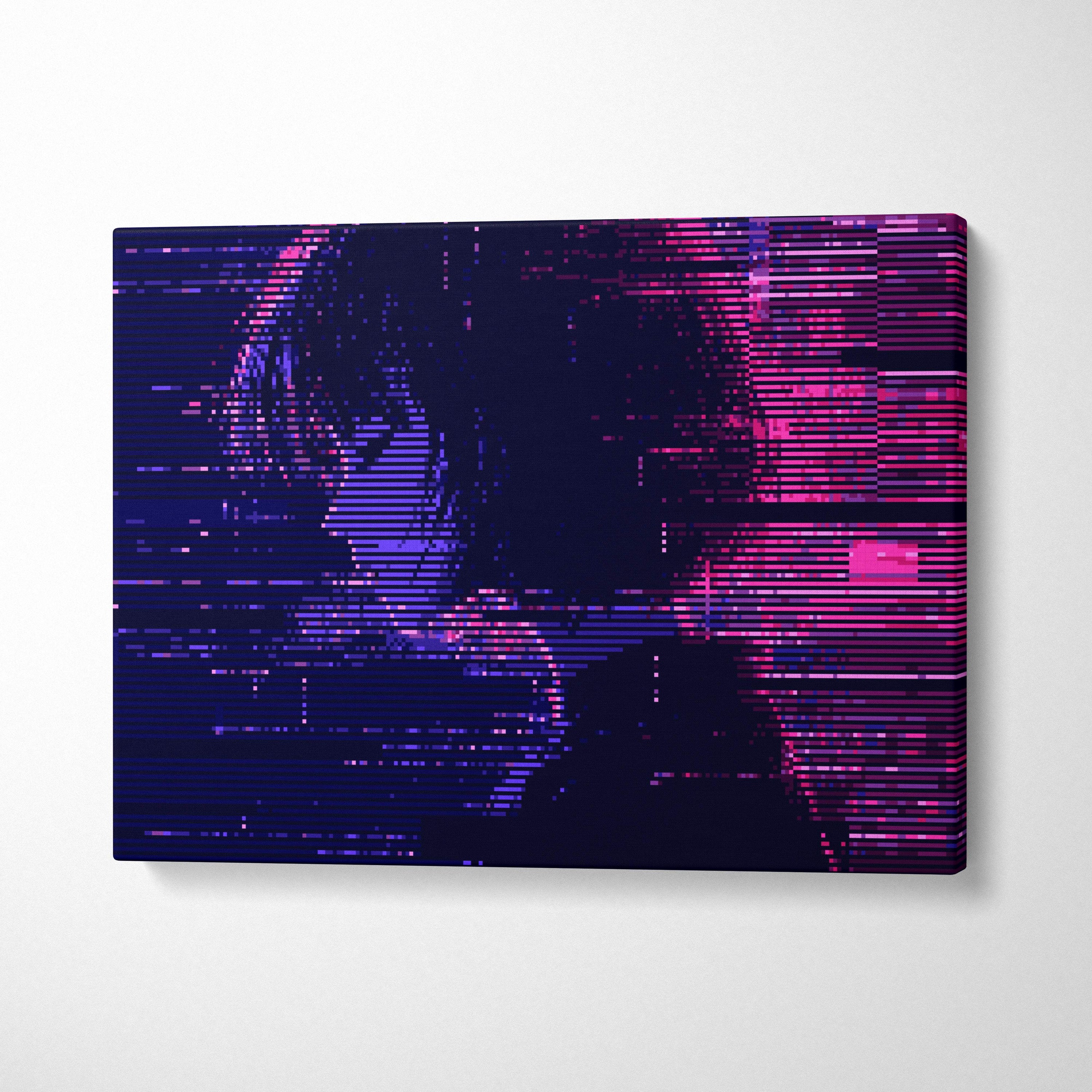 A rectangular canvas print featuring stylized glitch art portrait with neon pink and deep purple colors for cyberpunk decor
