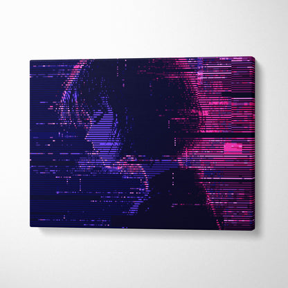 A rectangular canvas print featuring stylized glitch art portrait with neon pink and deep purple colors for cyberpunk decor