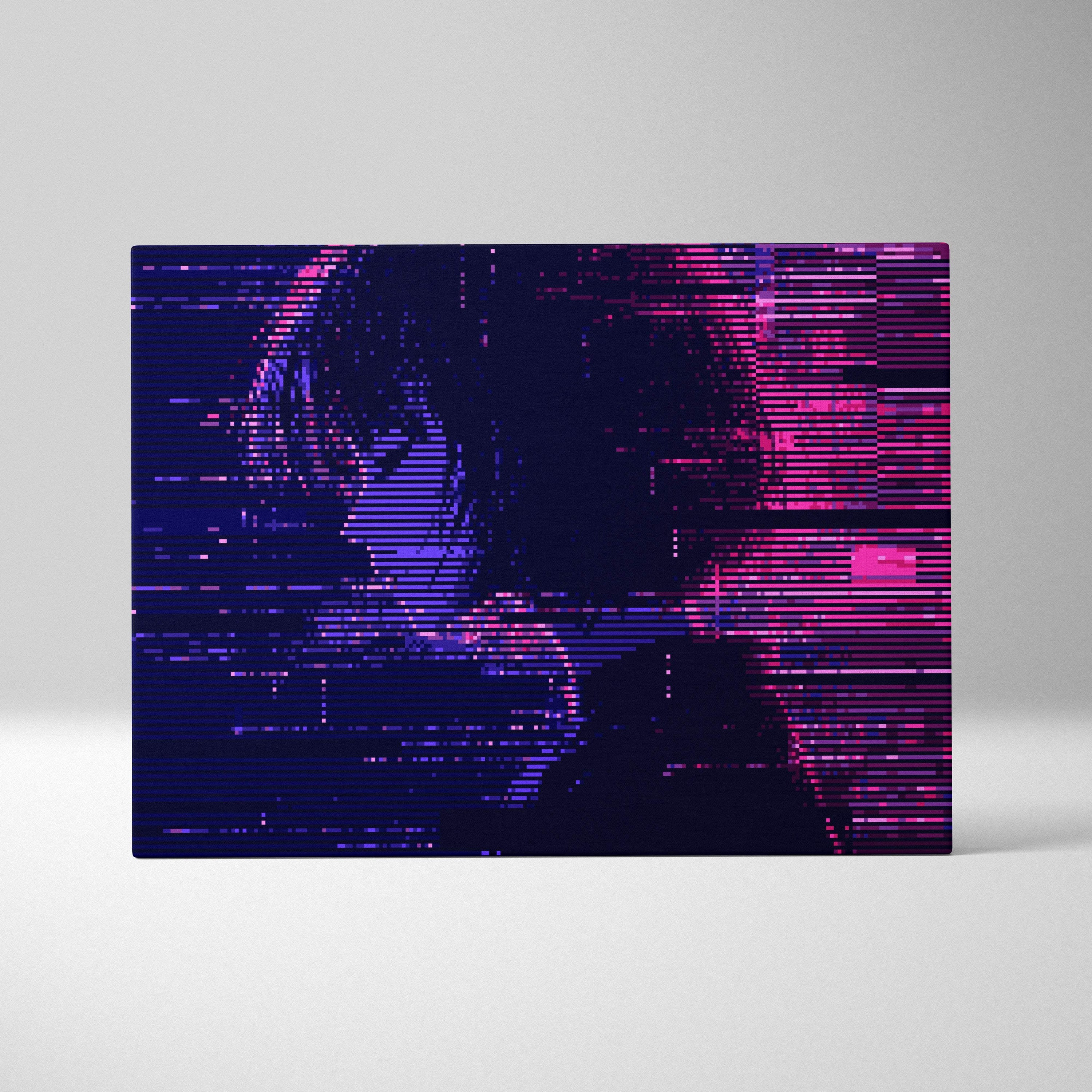 Glitch girl pixel art rectangular canvas print with vibrant purple and pink digital distortions on dark background