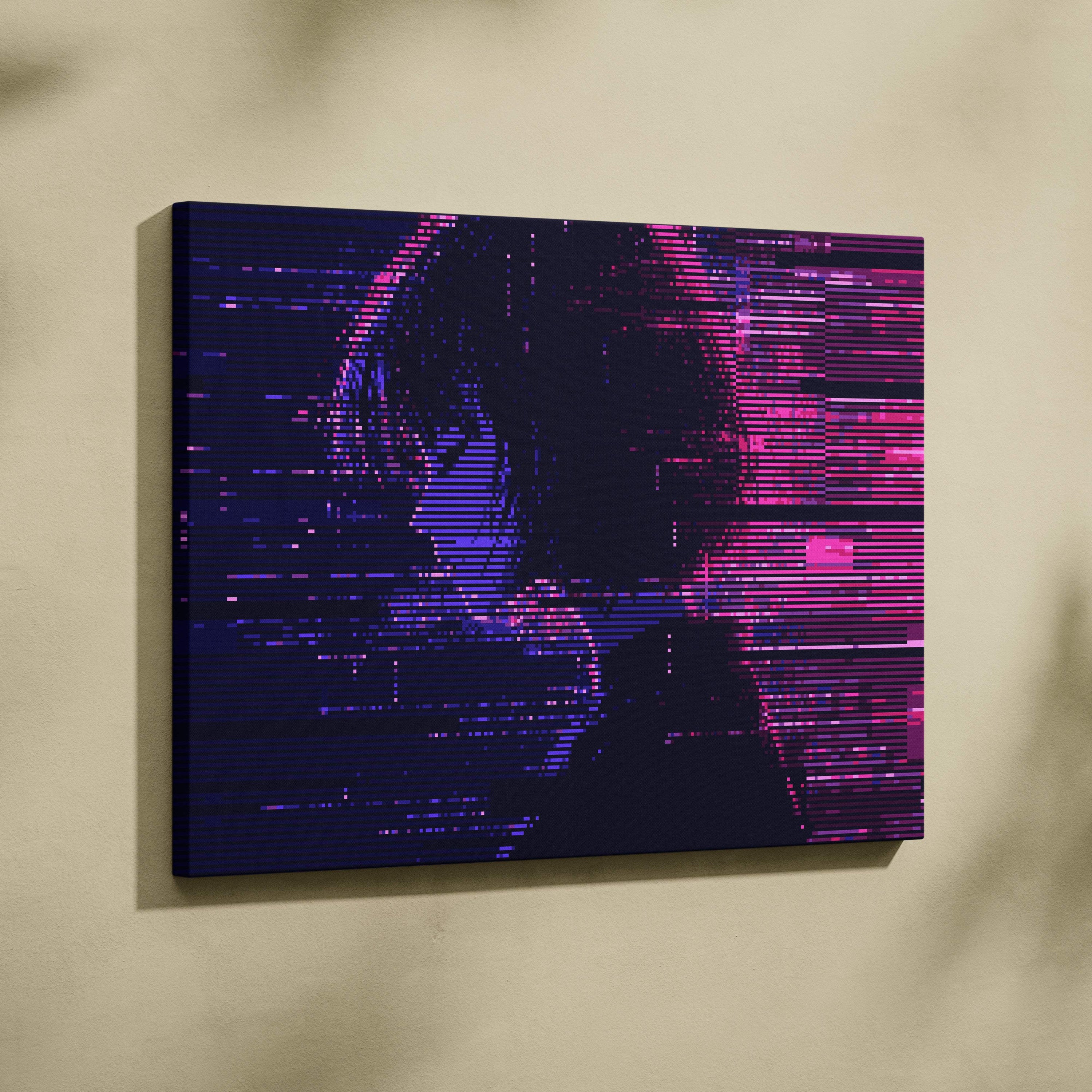 A vibrant glitch girl pixel art canvas print with neon pink and purple cyberpunk silhouette on digital background