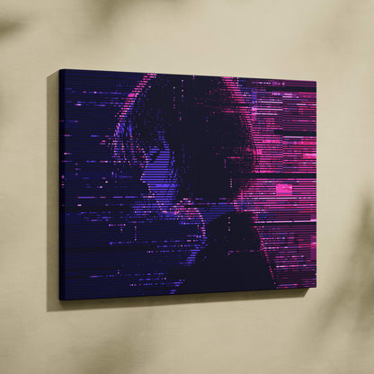 A vibrant glitch girl pixel art canvas print with neon pink and purple cyberpunk silhouette on digital background