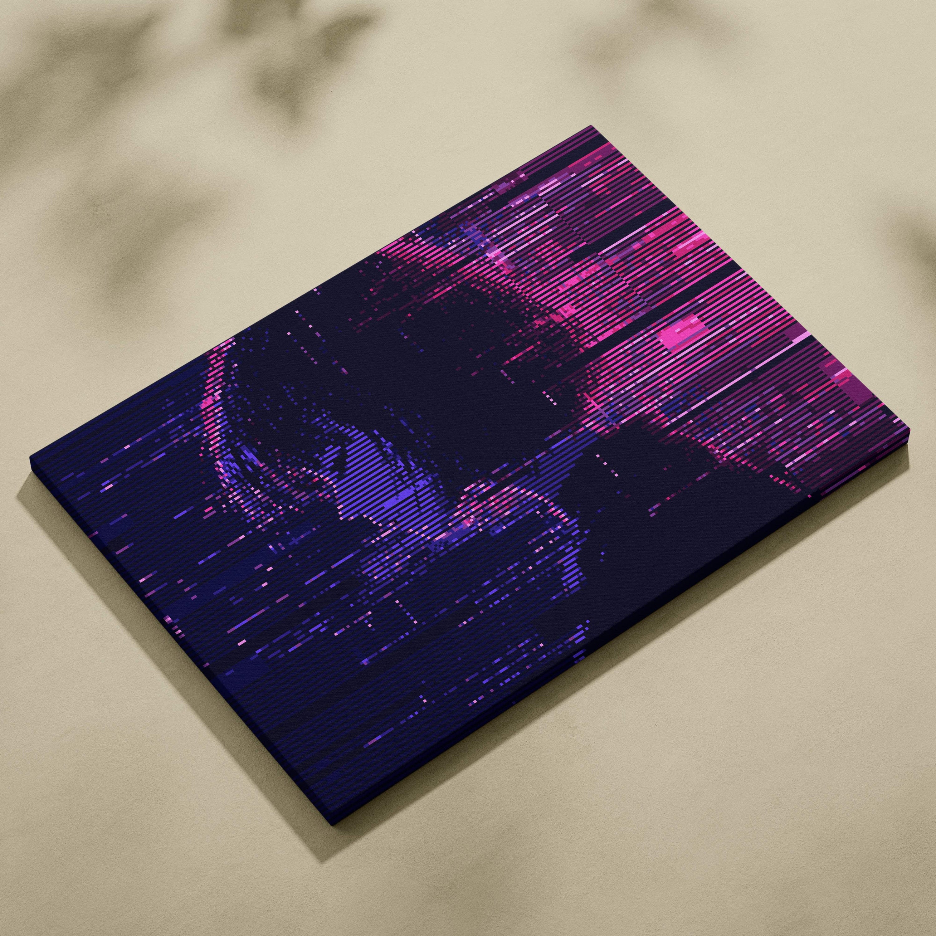 Glitch girl pixel art rectangular canvas print with vibrant magenta and deep purple digital glitch lines on dark background