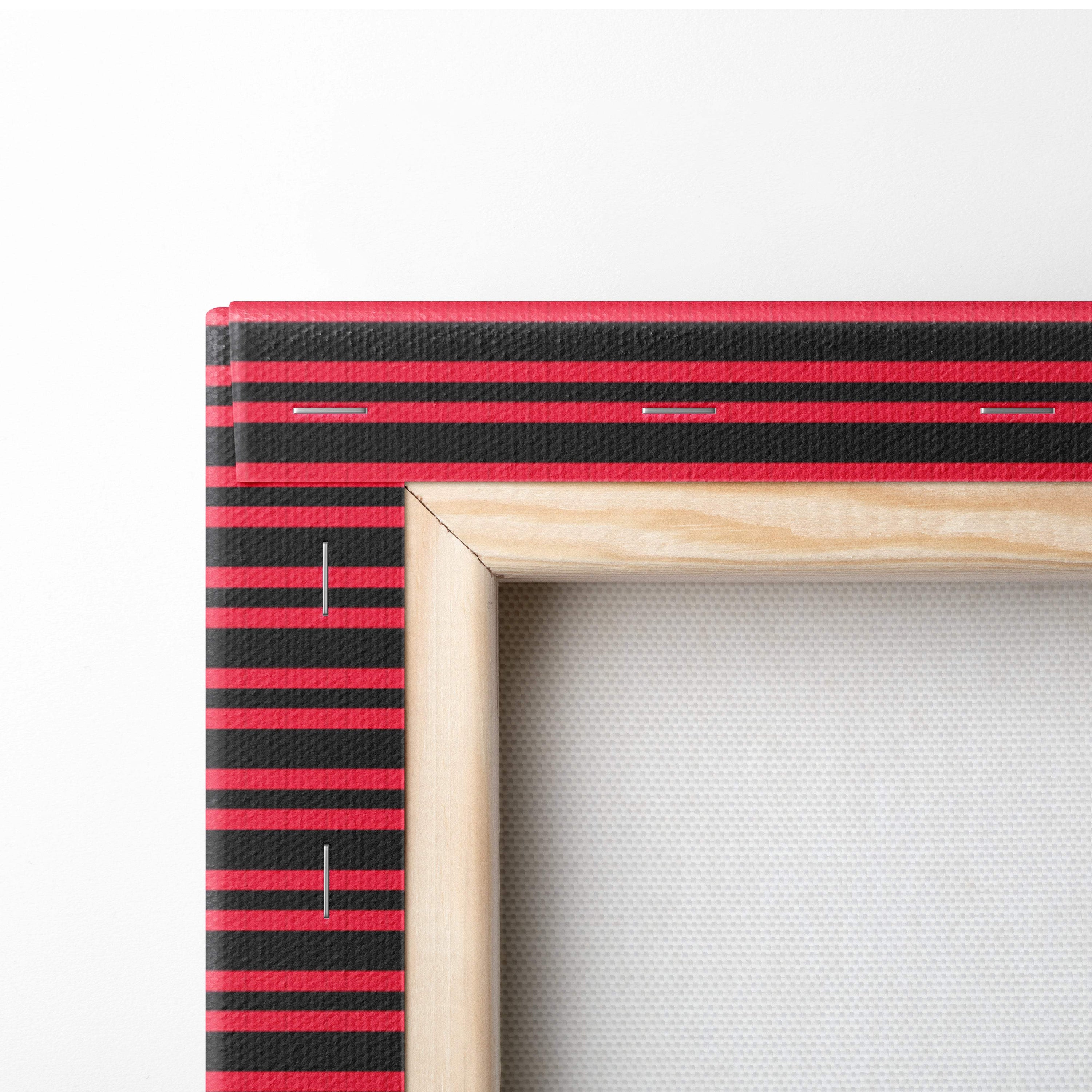 Red and black striped canvas print with light wood border featuring glitch man pixel art for gothic cyberpunk decor