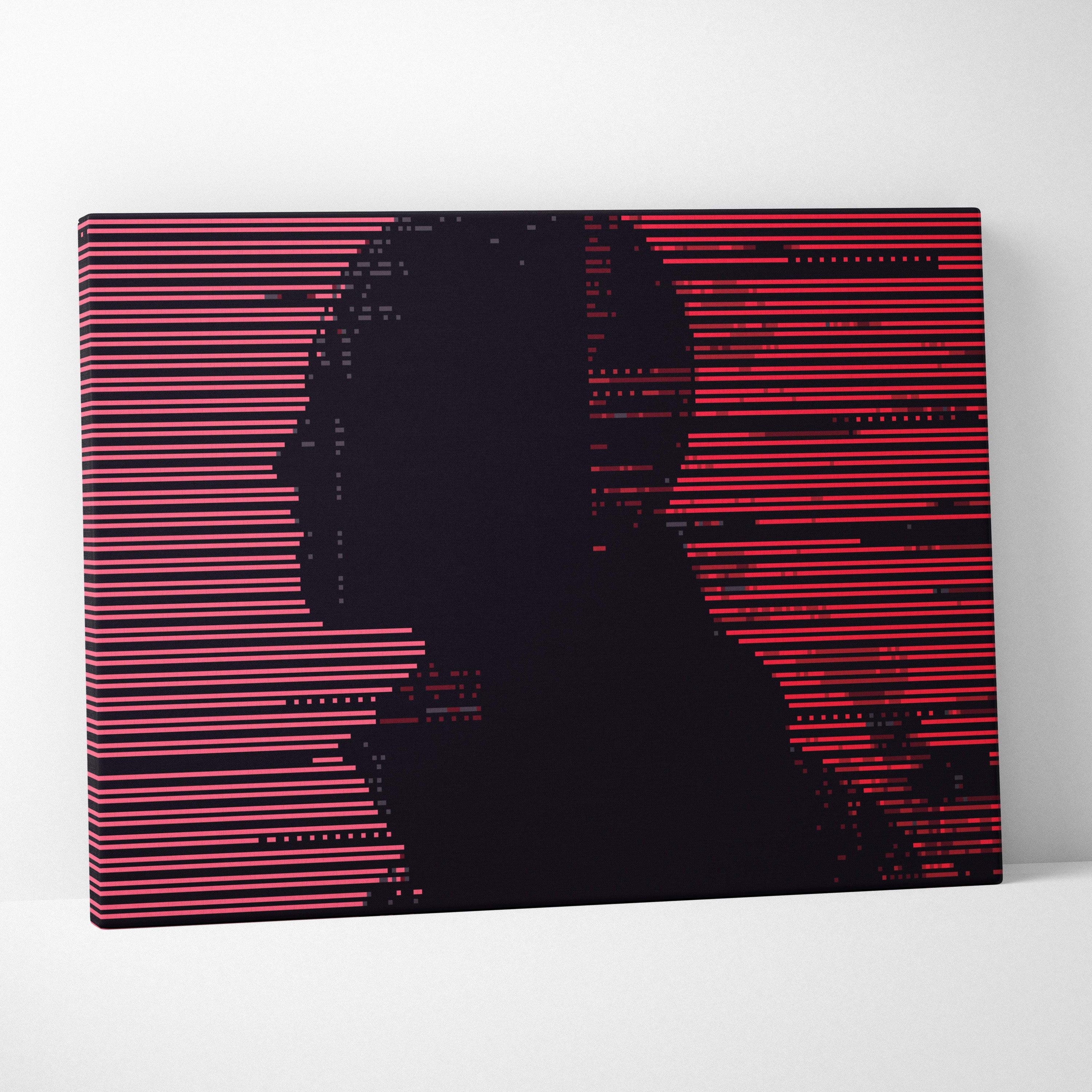 A modern canvas print featuring a black silhouette on vibrant red and pink glitch stripes for gothic cyberpunk decor