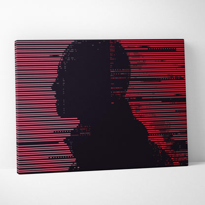A modern canvas print featuring a black silhouette on vibrant red and pink glitch stripes for gothic cyberpunk decor
