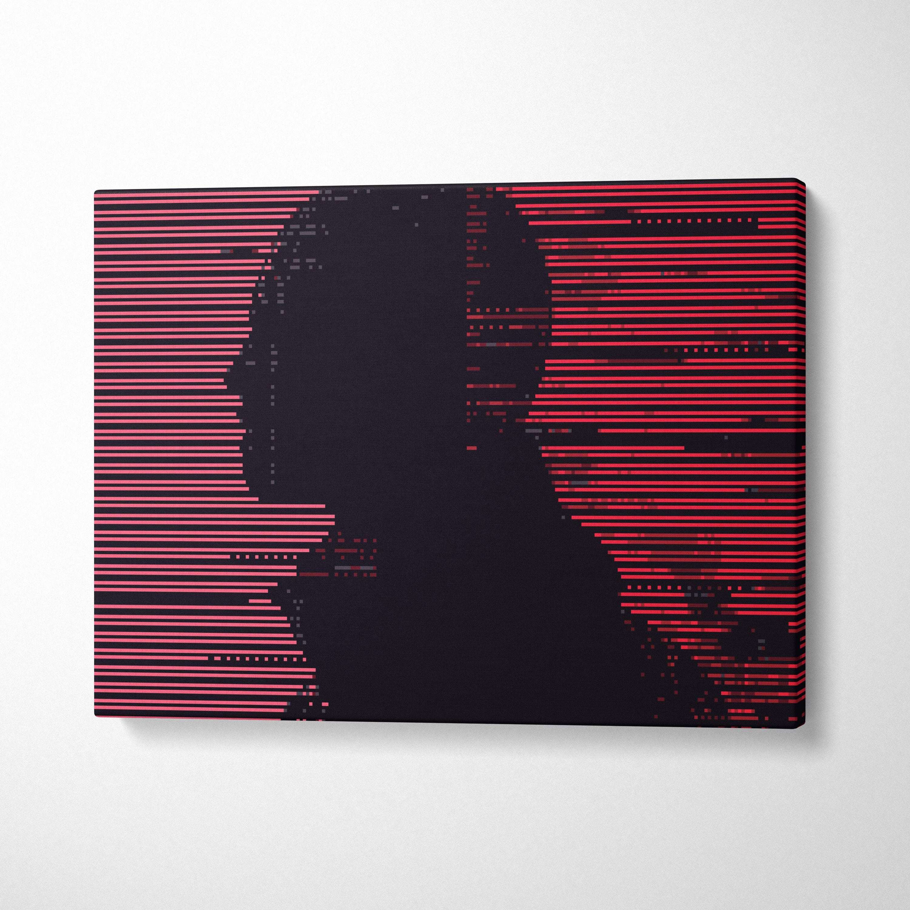 A modern canvas print of a black silhouette head with red and pink glitch lines for gothic cyberpunk decor