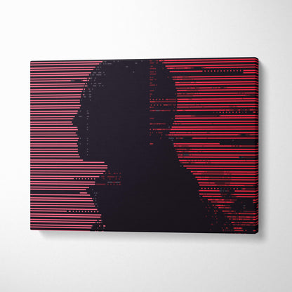 A modern canvas print of a black silhouette head with red and pink glitch lines for gothic cyberpunk decor