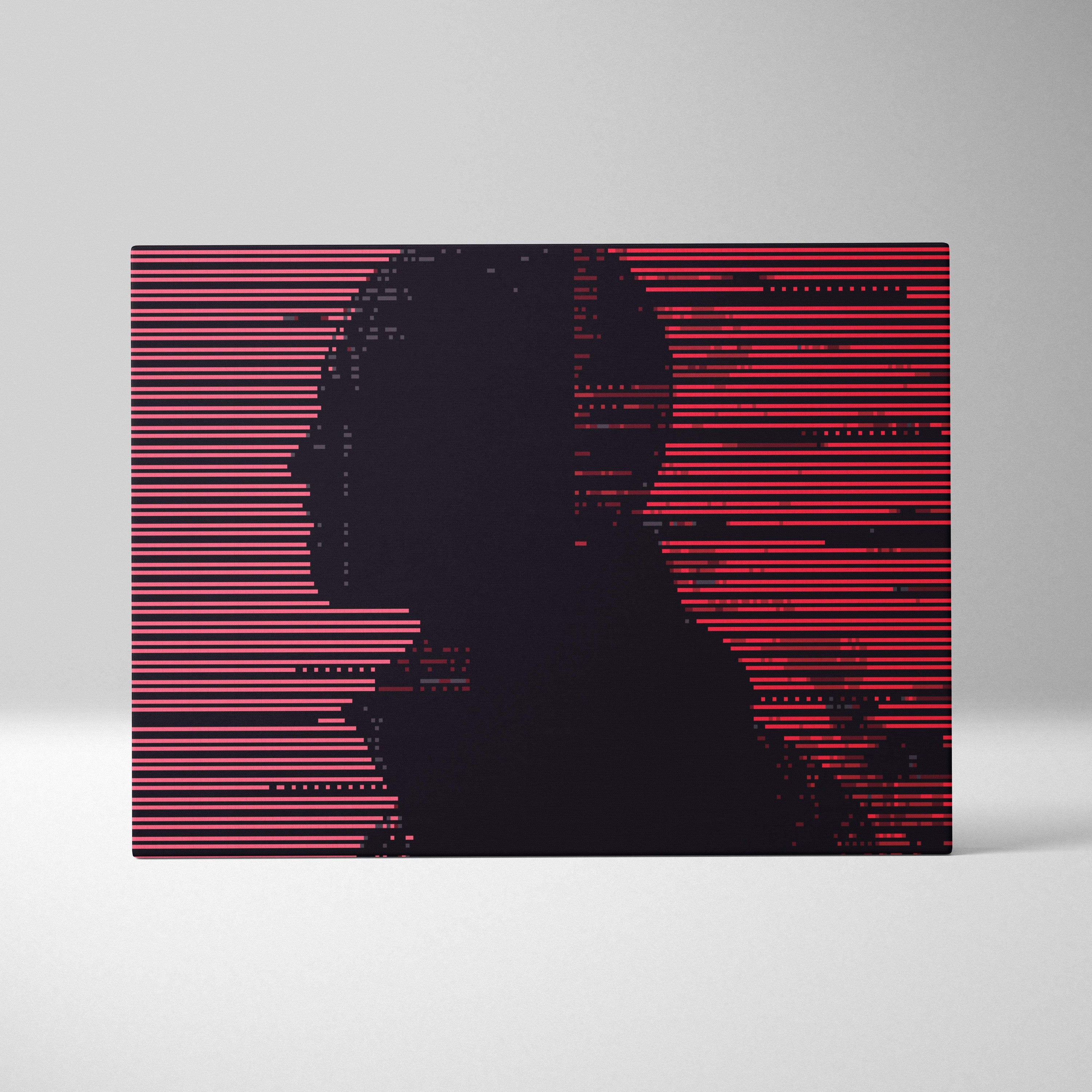 Rectangular canvas print featuring a black silhouette man profile on red and pink glitch stripes for gothic decor