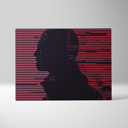 Rectangular canvas print featuring a black silhouette man profile on red and pink glitch stripes for gothic decor