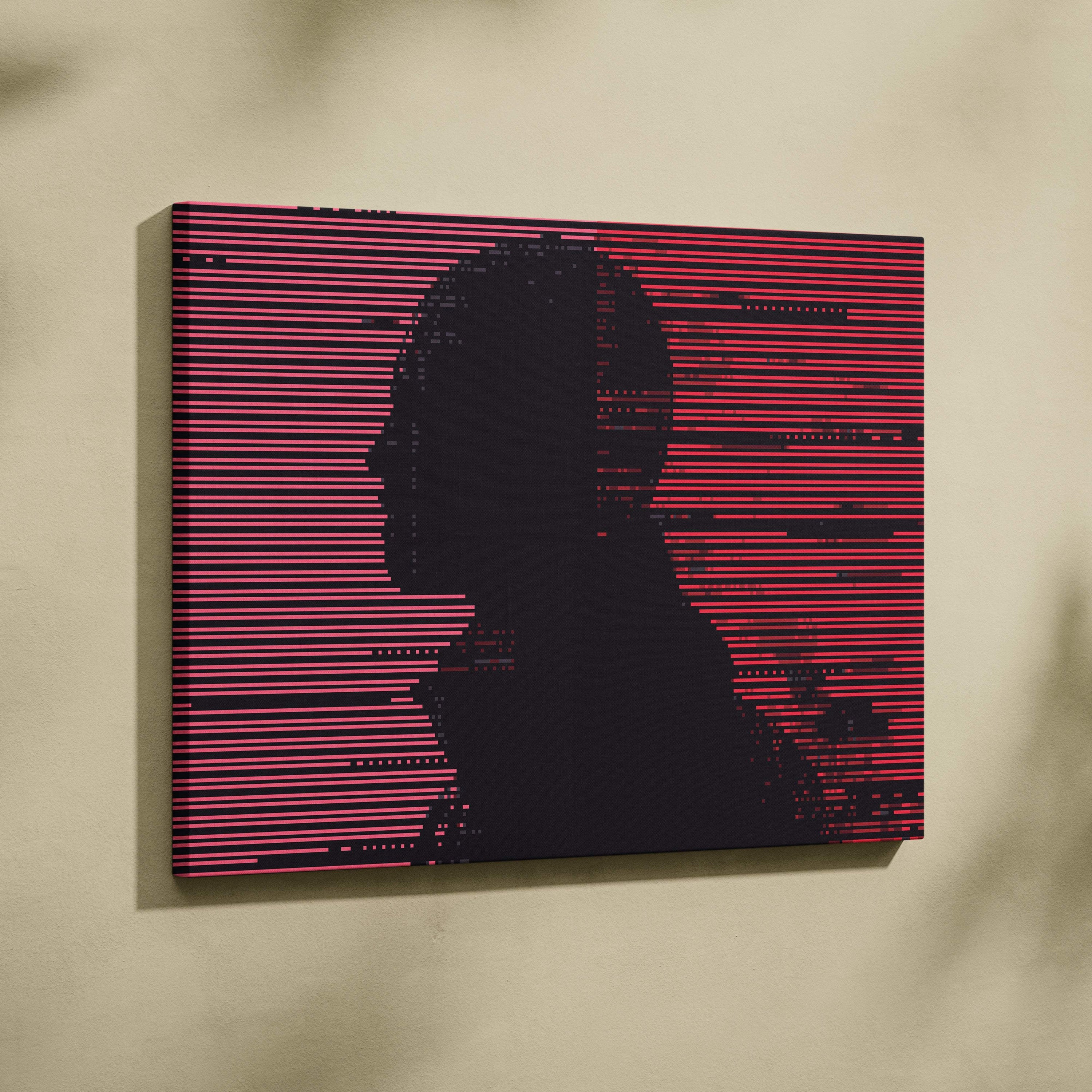 A modern canvas print with a black silhouette man profile on vibrant pink and dark red glitch background